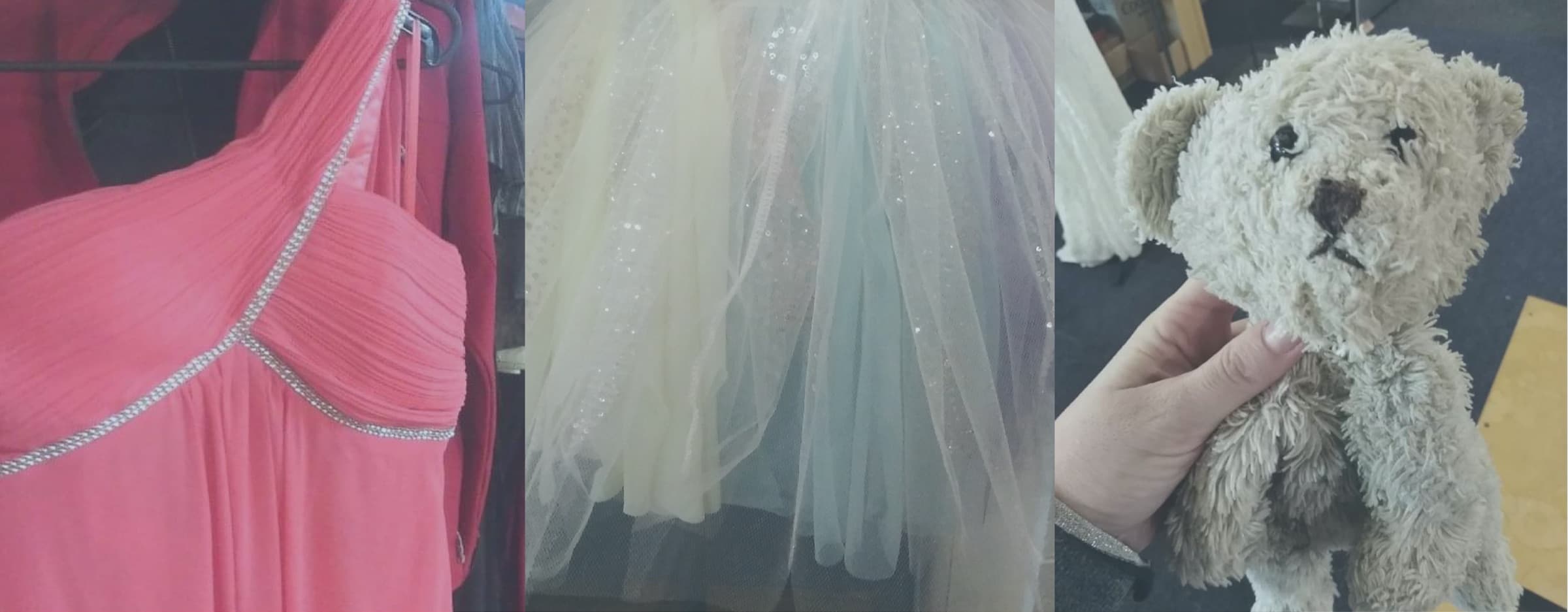 Pink tulle gown, bridal netting and a repaired soft toy — examples of alteration work