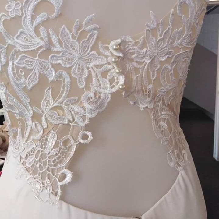 Close-up of a lace bodice on a made-to-measure gown
